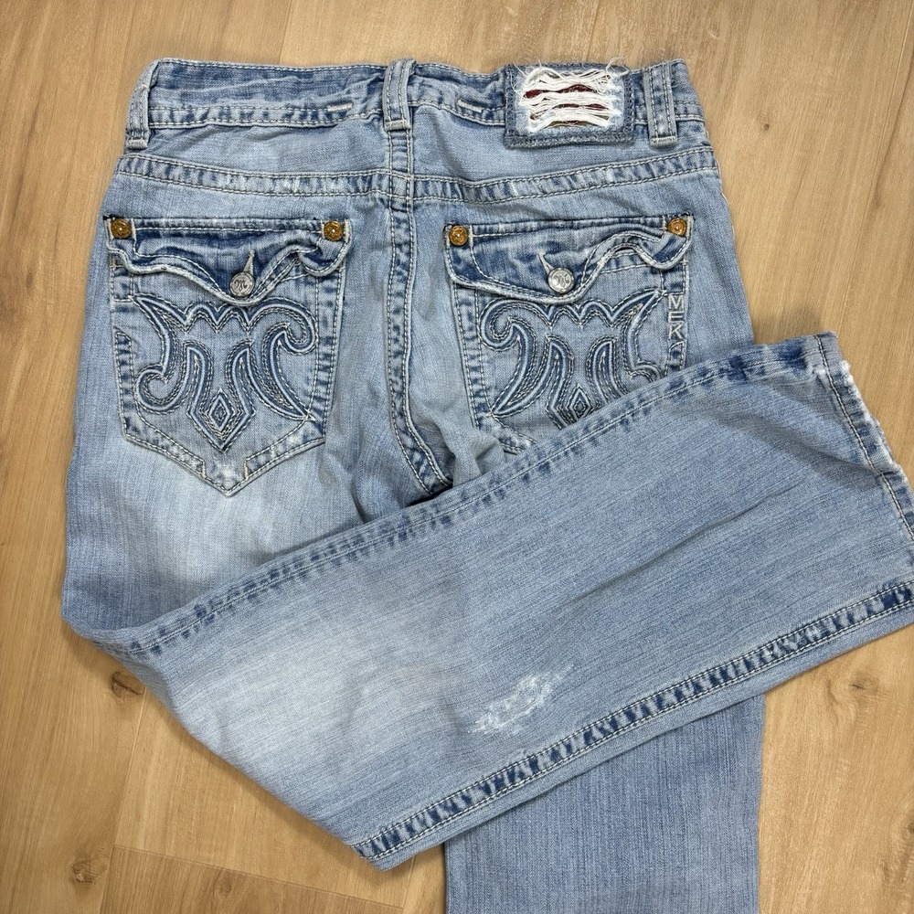 Mek Denim Oaxaca Boot Cut Jeans Mens Sz 33x30* Button Fly Blue Distressed Denim